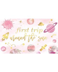Allenjoy Pink Outer Space Theme 1st Happy Birthday Backdrop for Kids Girl First Trip Around The Sun Planet Galaxy Starry Sky Rocket Ship Astronaut Party Supplies Decoration Banner Background