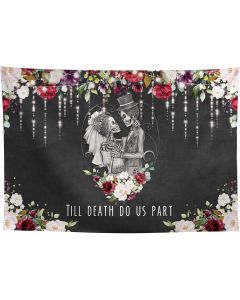 Allenjoy 8x6ft Halloween Till Death Do Us Part Backdrop for Spooky Wedding Bridal Shower Bride and Groom Skull Mr and Mrs Anniversary Valentines Birthday Party Supplies Decorations Banner Background