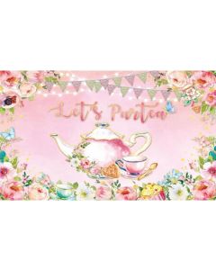 60x36inch Pink Tea Party Backdrop for Little Girls Garden Cottage Lets Partea Banner Women Happy Birthday Photoshoot