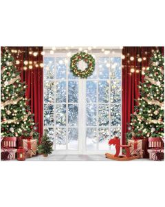 Allenjoy 82" x 59" Christmas Window Backdrop for Photography Winter Merry Xmas Tree Background Snow Holiday Photobooth Portrait Party Banner Festival Photo Studio Props Supplies