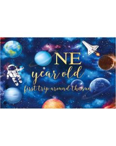 Allenjoy Blue Outer Space Theme 1st Happy Birthday Backdrop for Kids Boy First Trip Around The Sun Planet Galaxy Starry Sky Rocket Ship Astronaut Party Supplies Decorations Banner Background